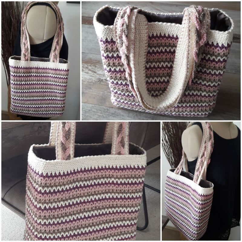 Gehäkelter Shopper mit wellenförmigen Streifen in Rosa, Lila, Beige und Braun, mehrere Detailansichten