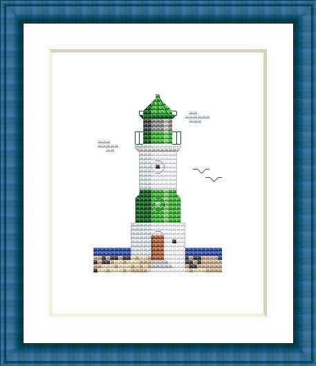 Gestickter Leuchtturm in Grün, Blau und Beige mit zwei Möwen