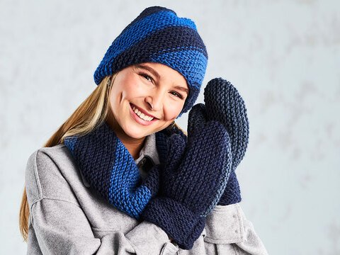 DIAGONAL-LOOP, MÜTZE UND FÄUSTLINGE