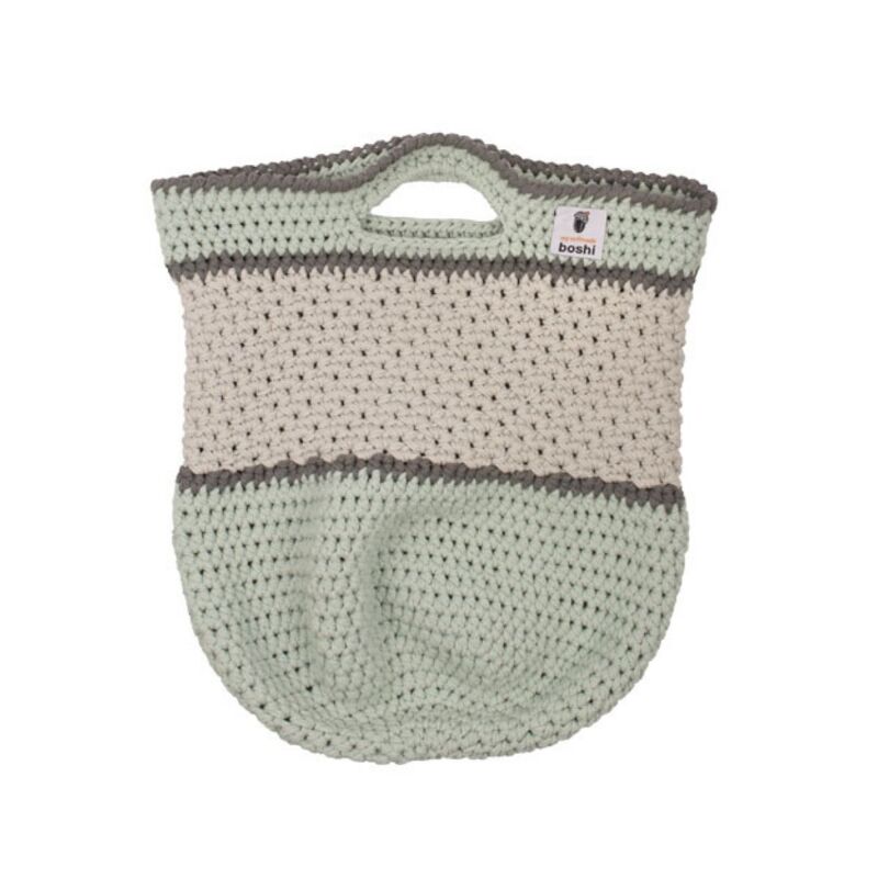 Gehäkelter Shopper mit breiten Streifen in Mint, Creme und Grau und integrierten Griffen