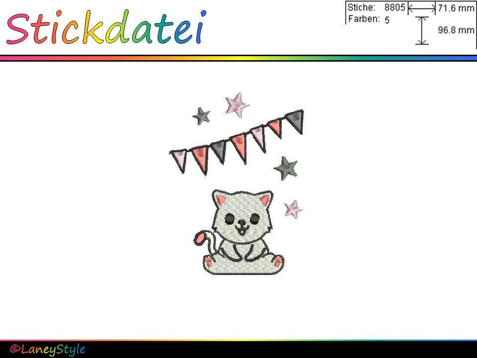 Stickdatei "Katze - Wimpelkette - Sterne" - (DST, VP3, XXX, PES)