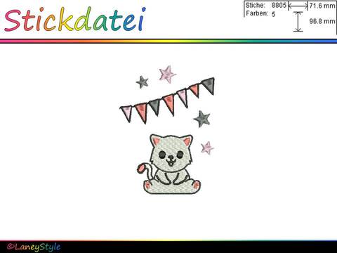 Stickdatei "Katze - Wimpelkette - Sterne" - (DST, VP3, XXX, PES)