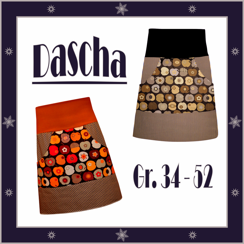 A-Linien-Rock mit breitem Bund, großen aufgesetzten Taschen und mehrteiligen Stoffbahnen in zwei Farbkombinationen; Text 'Gr. 34-52'.