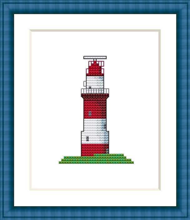 Kreuzstichmotiv: rot-weiß gestreifter Leuchtturm auf grünem Sockel