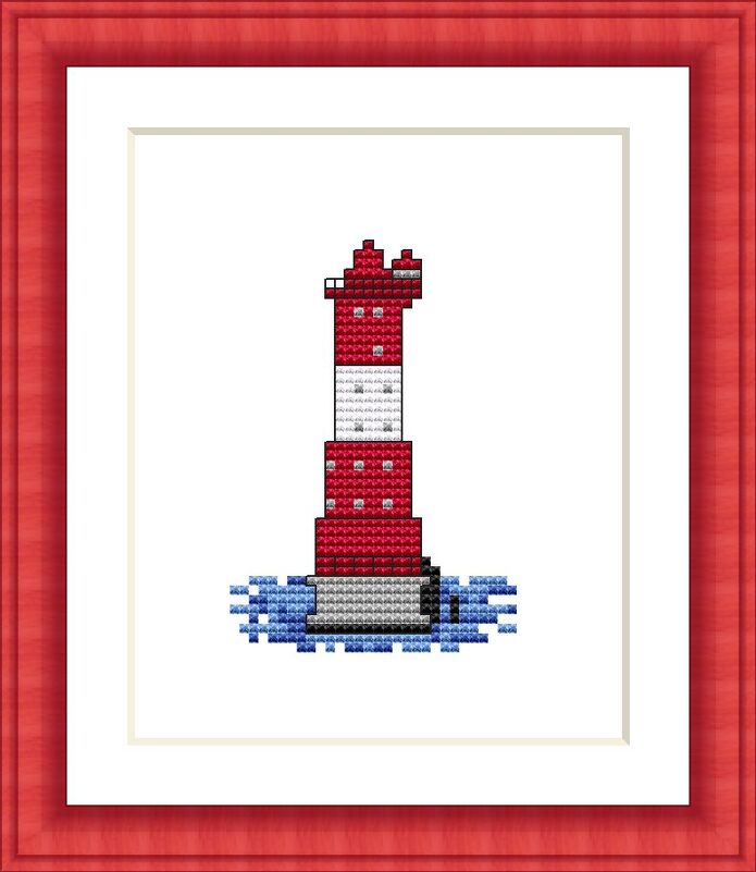 Kreuzstichmuster eines rot-weißen Leuchtturms auf blauem Wasser