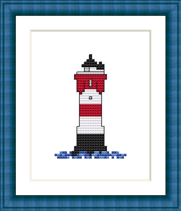 Kreuzstichvorlage eines rot-weiß gestreiften Leuchtturms mit schwarzer Basis und blauen Wellen in blauem Rahmen