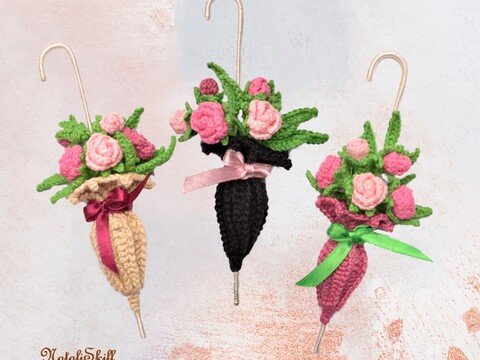 Brosche Regenschirm mit Blumen Häkelanleitung