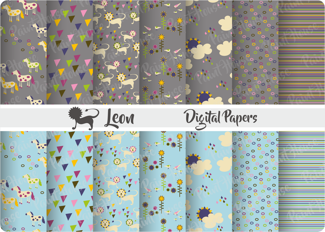 12 digitale Papiere mit Kindermotiven auf grauem und hellblauem Hintergrund: Pferde, Löwen, Dreiecke, Blumen, Wolken, Kreise und Streifen.