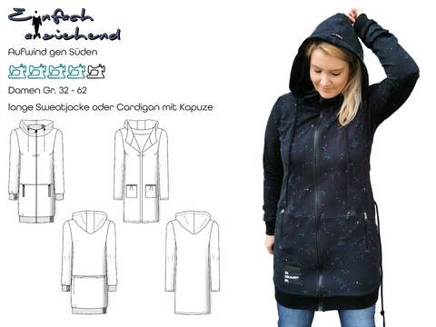 Schnittmuster lange Sweatjacke oder Cardigan mit Kapuze Damen Gr. 32 - 62
