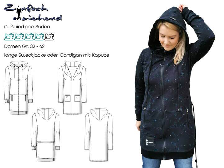 Schnittmuster lange Sweatjacke oder Cardigan mit Kapuze Damen Gr. 32 - 62