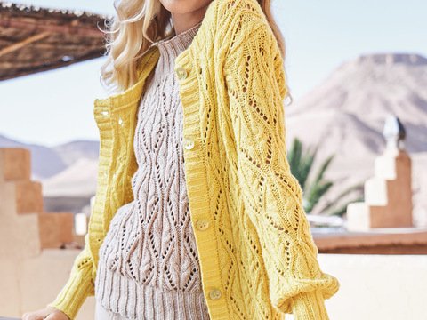 Strickanleitung: Stehkragentop und Cardigan mit ausdrucksvollem Ajourmuster