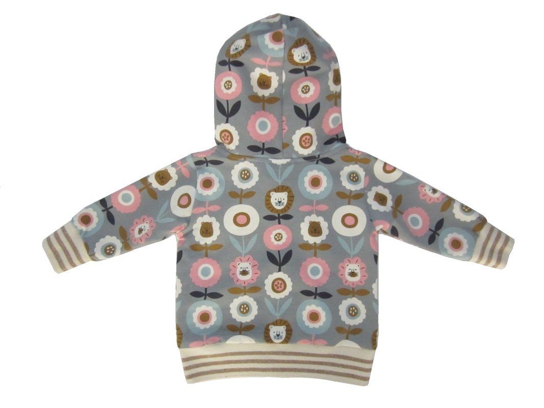Grauer Baby-Kapuzenpullover, Rückseite, Blumenmuster mit Löwen- und Bärengesichtern