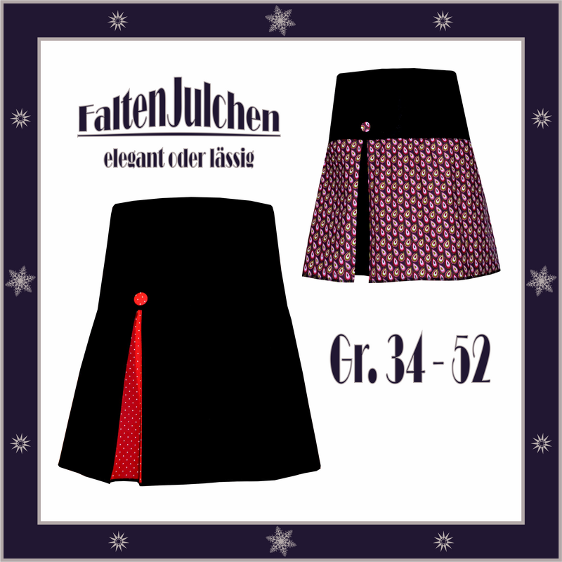 Zwei A-Linien-Röcke mit vorderer Falte und Knopf: schwarz mit rotem Einsatz sowie buntes Paisley-Muster.