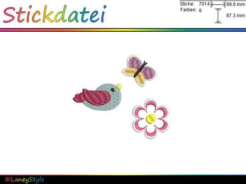 Stickdatei "Frühling Vogel Blume Schmetterling"