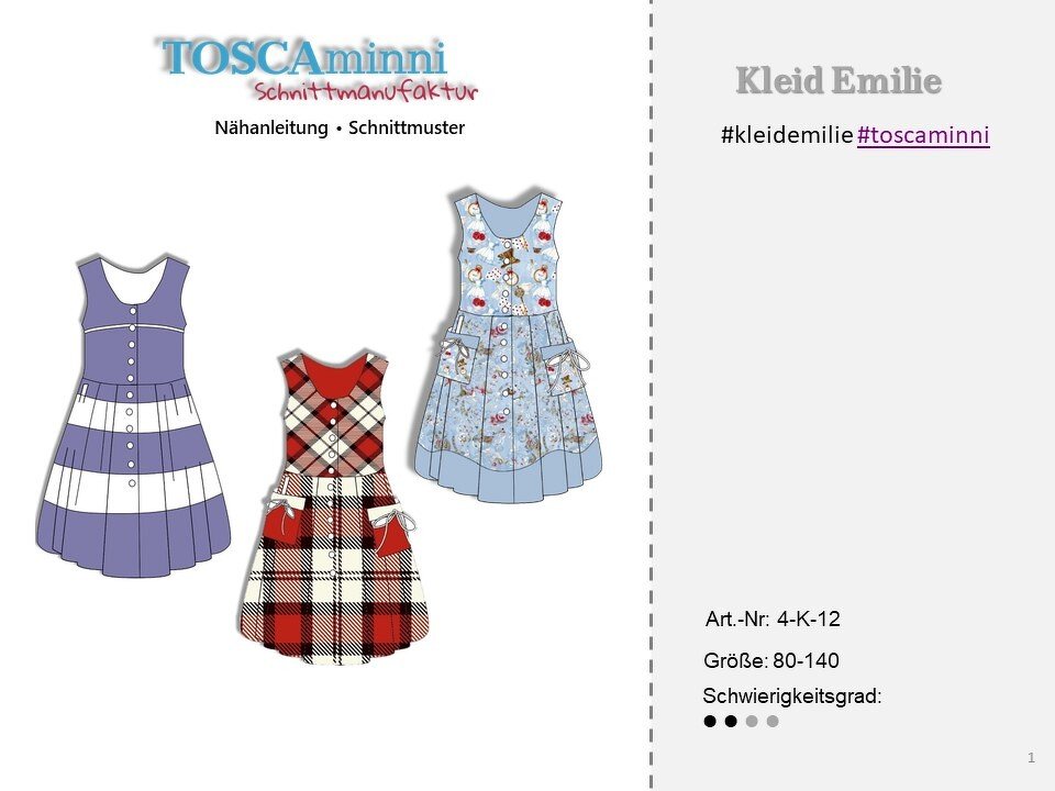 Technische Zeichnungen von drei ärmellosen Kinderkleid-Varianten mit Knopfleiste, Faltenrock und Taschen; daneben Textblock mit Art.-Nr., Größenangabe 80–140 und Schwierigkeitsgrad.