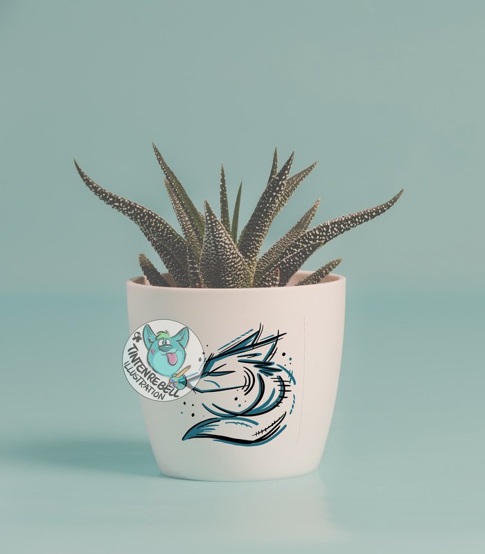 White pot with a teal and black stylized fox head decal and a spiky succulent against a pale blue background.