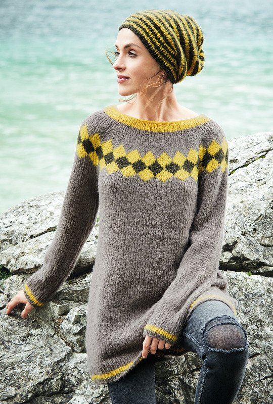 Strickanleitung: Tunika mit Jacquard-Rundpasse und Mütze in Braun und Gelb - Bild 5