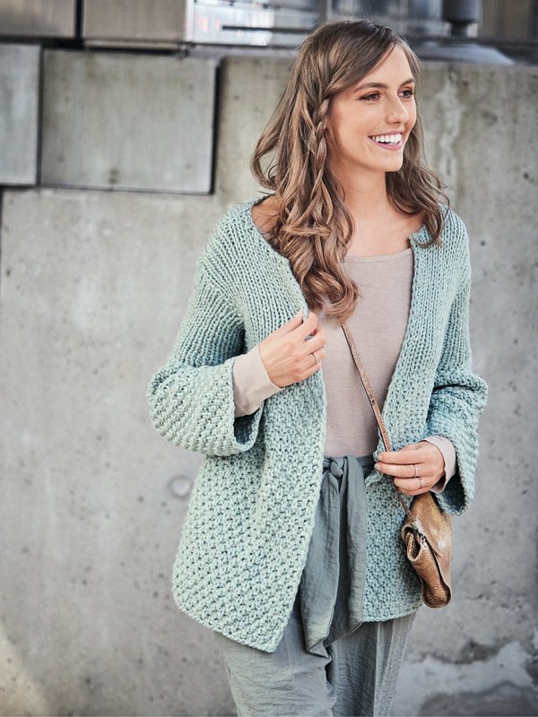 Strickanleitung: Jacke aus Rippen- und großem Perlmuster in Mint