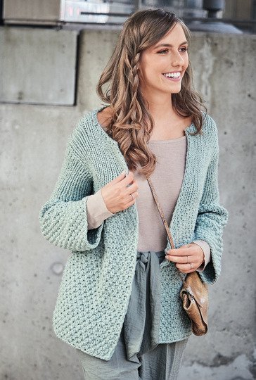 Strickanleitung: Jacke aus Rippen- und großem Perlmuster in Mint