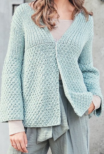 Strickanleitung: Jacke aus Rippen- und großem Perlmuster in Mint