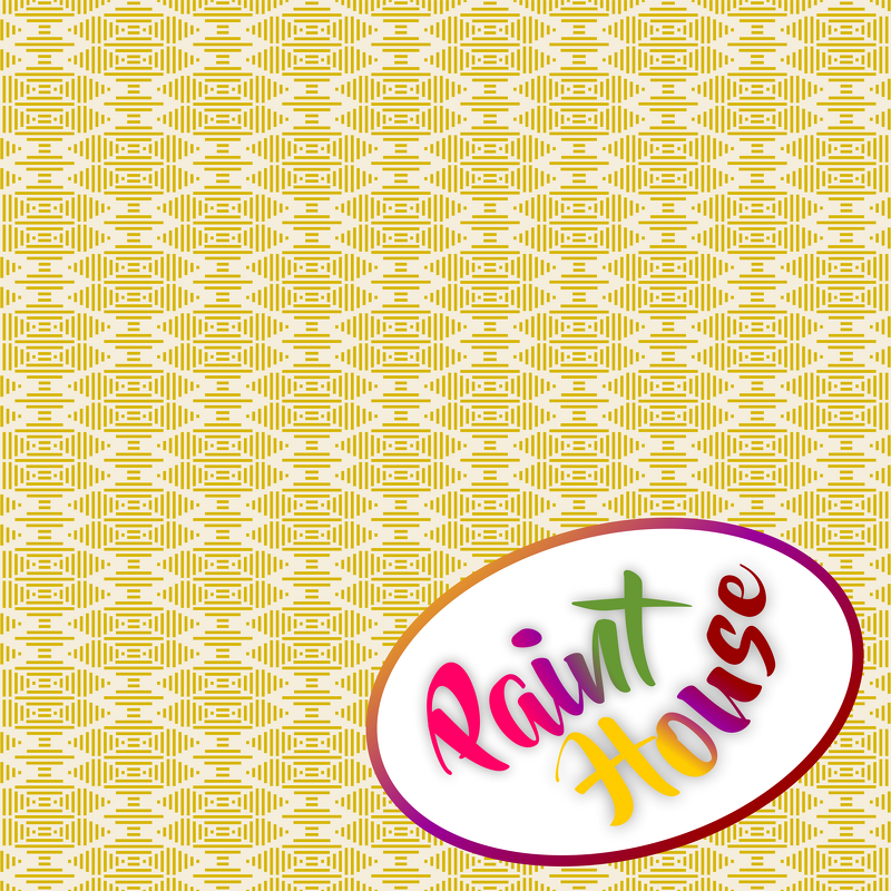 Nahtloses gelb-weißes geometrisches Muster aus parallel verlaufenden Linien mit ovalem Etikett und buntem Schriftzug unten rechts