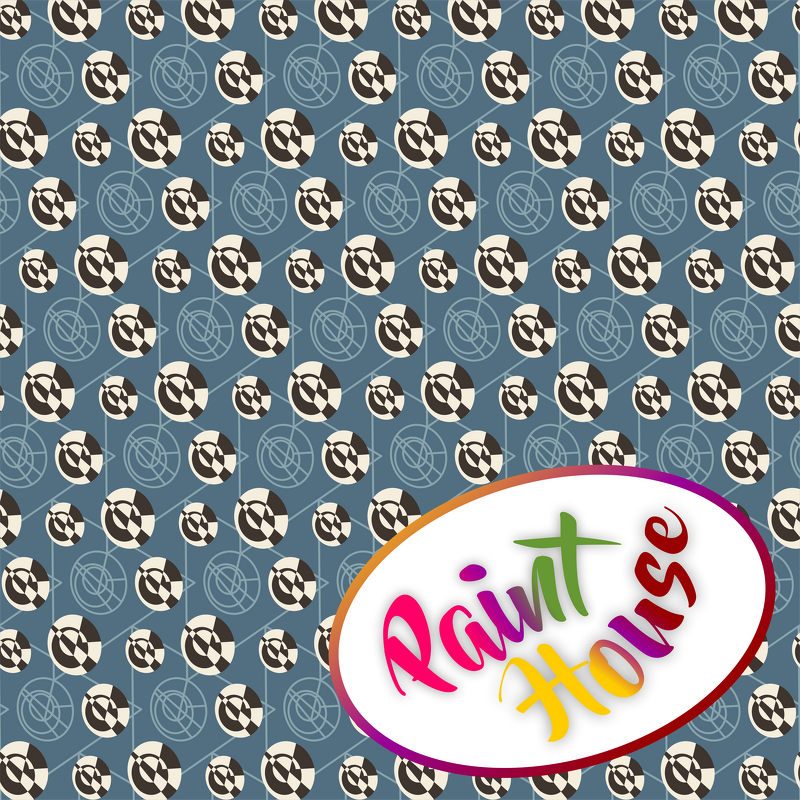 Nahtloses digitales Papier mit kreisförmigen Schachbrettmotiven in Dunkelbraun und Beige auf blau-grauem Hintergrund mit feinen Linien