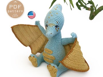 Dinosaur Crochet Pattern, Pterodactyl Amigurumi, Cute Dino Pteranodon