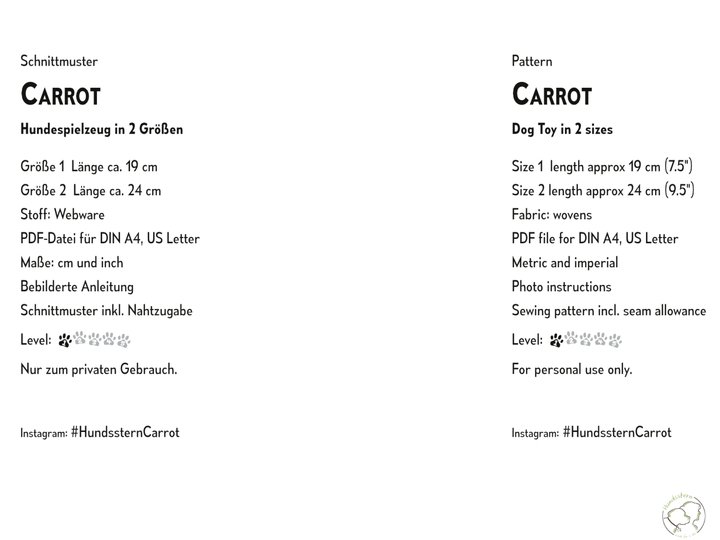 CARROT Dog Toy, 2 sizes, sewing pattern