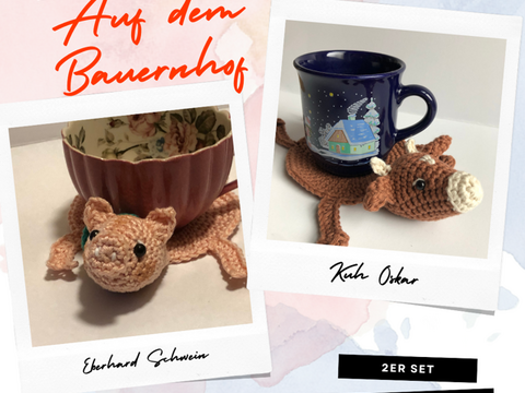 Häkelanleitung Untersetzer Bauernhof Schwein/Kuh