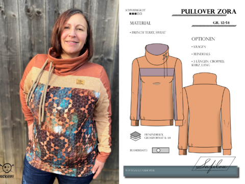 Pullover Zora – PDF-Schnittmuster Gr. 32-54 | Vielseitiger Damenpullover