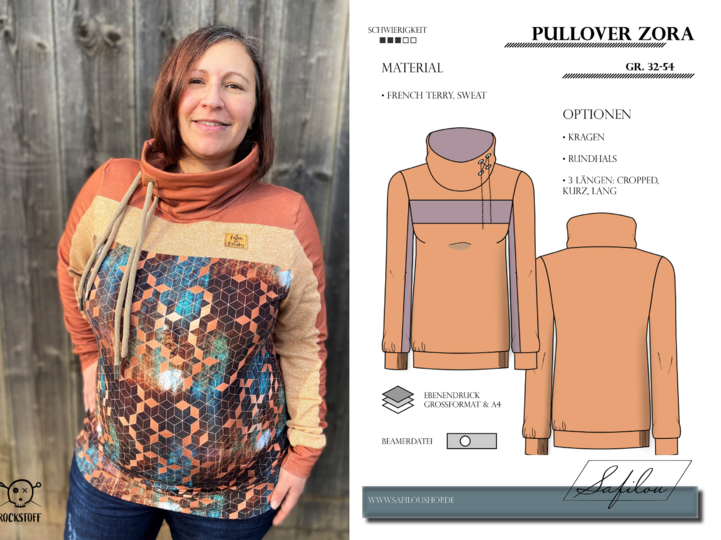 Pullover Zora – PDF-Schnittmuster Gr. 32-54 | Vielseitiger Damenpullover