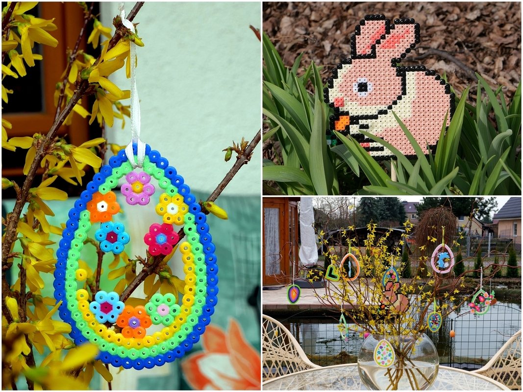 Osteranhänger und Blumenstecker aus Bügelperlen