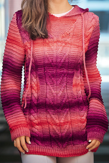 Strickanleitung: Kapuzenpulli im Mustermix in Koralle-Violett-Farbverlauf