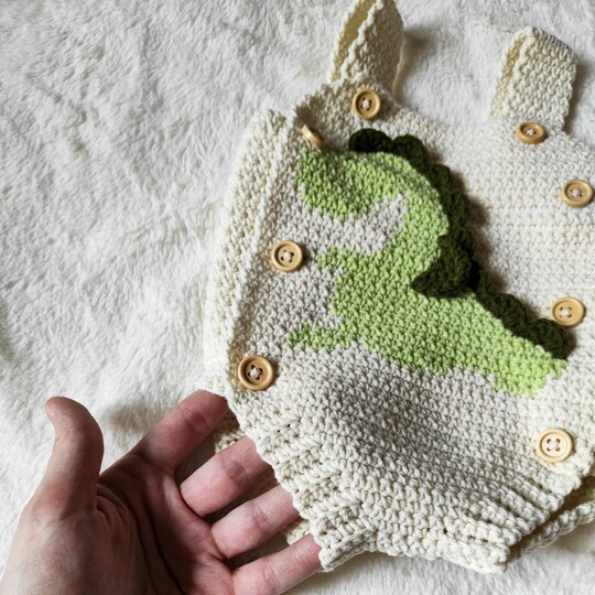 Crochet Pattern Baby Romper Dinosaur - sizes Newborn to 18 months