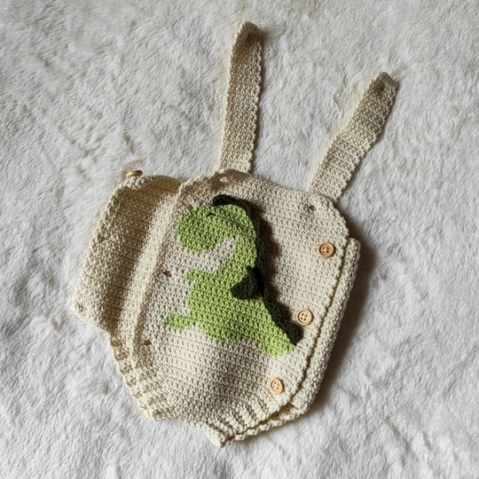 Crochet Pattern Baby Romper Dinosaur - sizes Newborn to 18 months