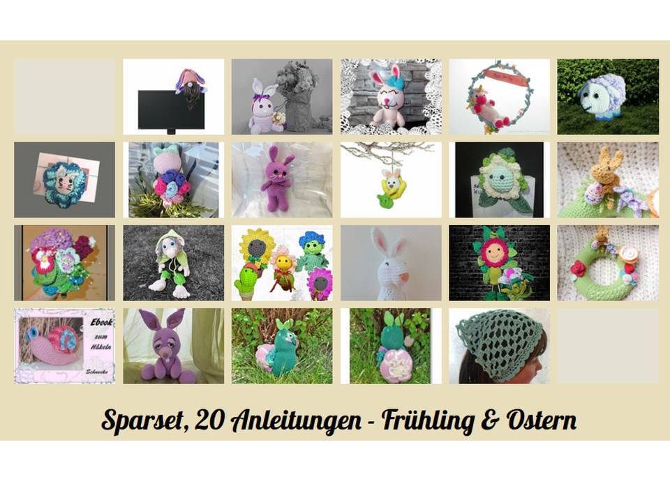 Collage aus 20 gehäkelten Amigurumi und frühlingshaften Dekorationen (Hasen, Blumen, Kränze).