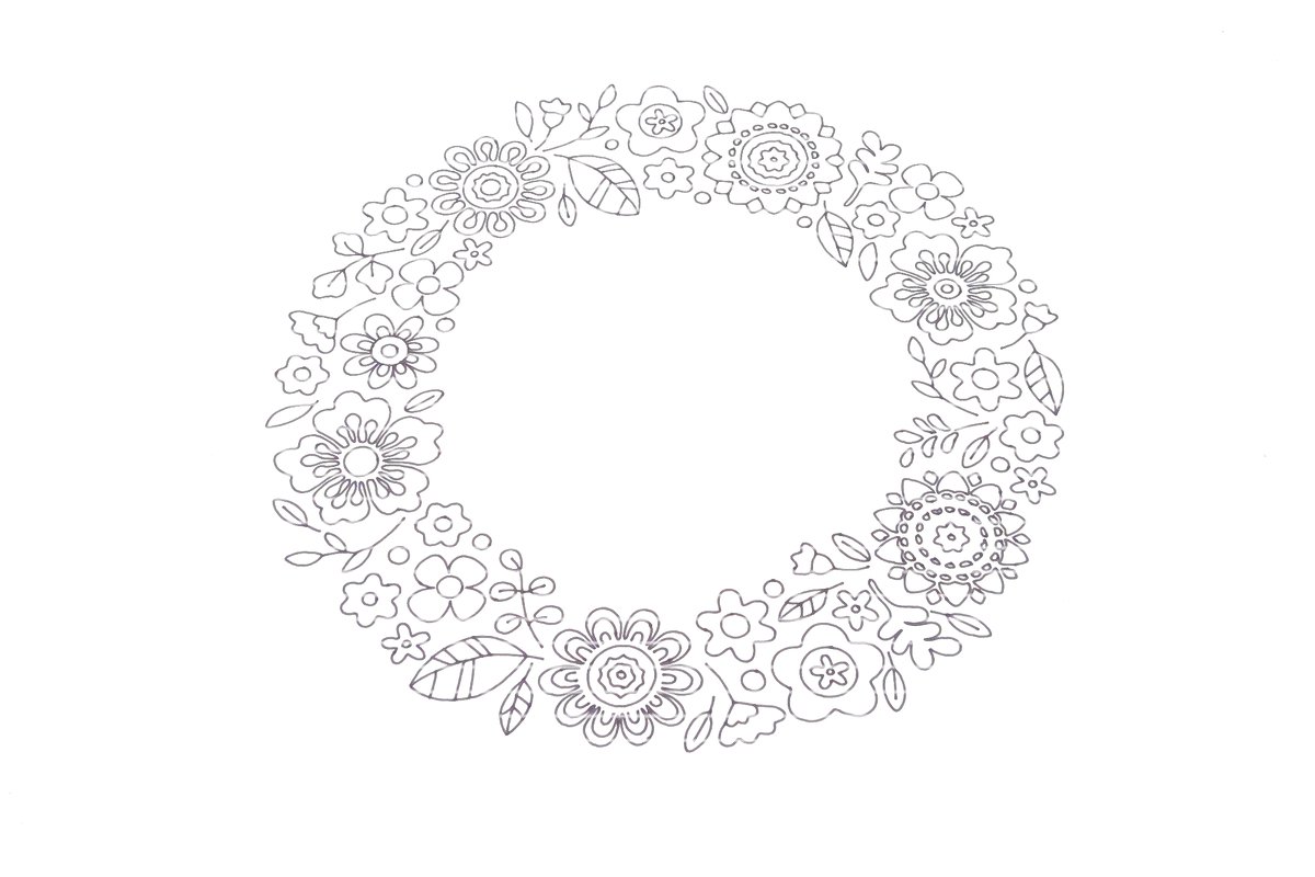 Line
‑Art Blumenkranz-Umriss mit verschiedenen Blüten und Blättern in Kreisform