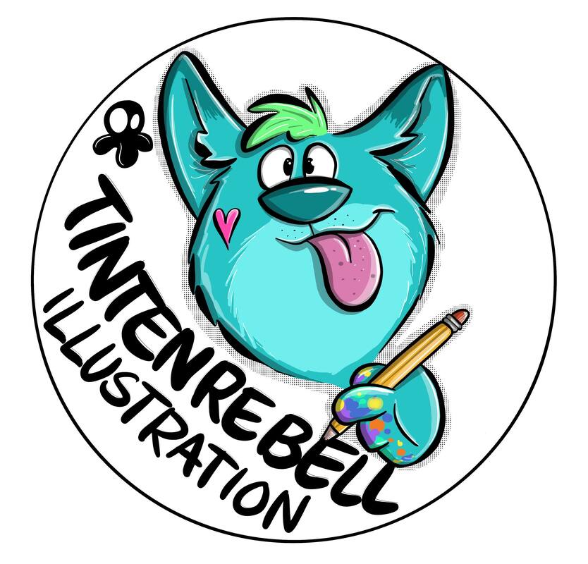 Round illustration of a teal fox head holding a pencil with bold black outlines and hand lettering