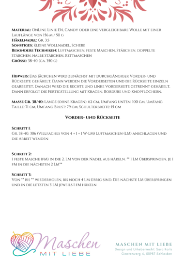 Häkelanleitung Sommer Cardigan "Anita", Größe M, für Fortgeschrittene