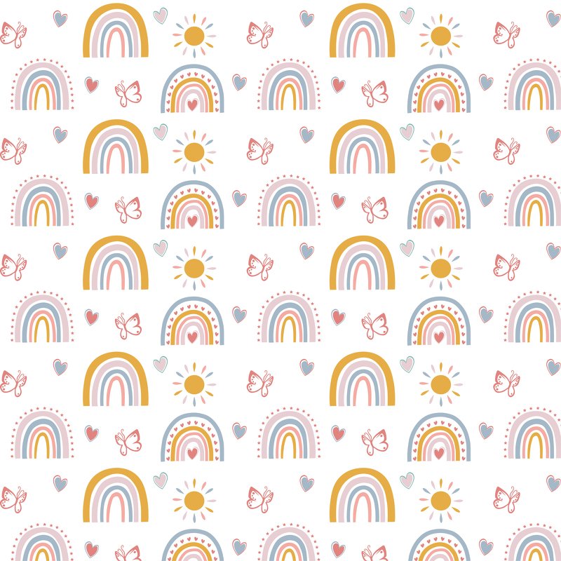 Nahtloses Muster mit pastellfarbenen Regenbögen, Sonnen, Schmetterlingen und Herzen auf weißem Hintergrund.