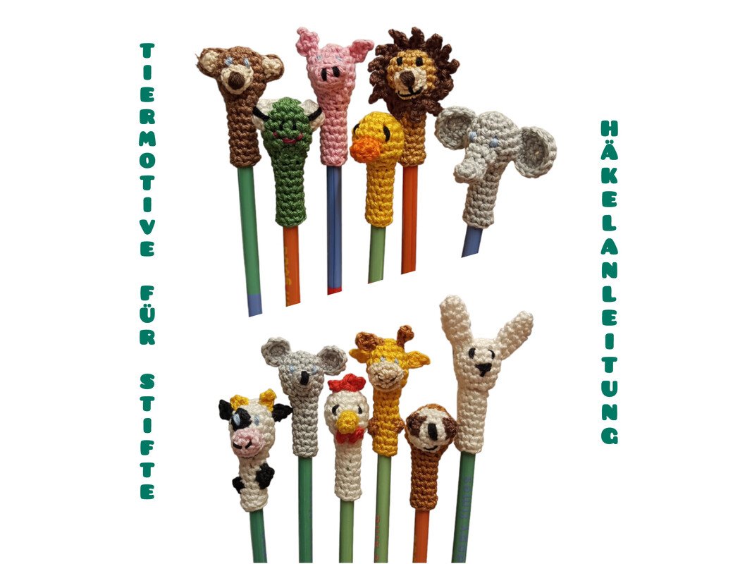 Gehäkelte Tierkopf-Stiftaufsätze in verschiedenen Motiven nebeneinander