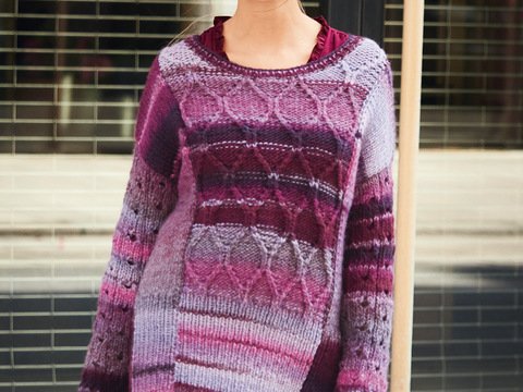 Strickanleitung: Mustermix-Pulli mit Farbverläufen von Pink bis Lila