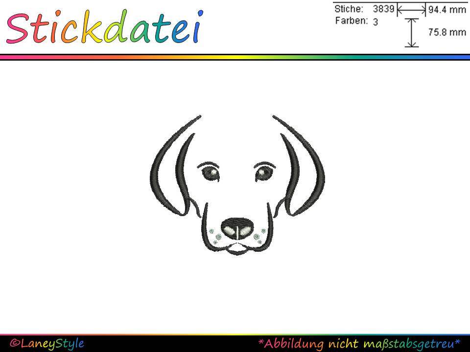 Stilisierter Hundekopf als Stickdatei in drei Farben, ca. 94×76 mm, 3839 Stiche