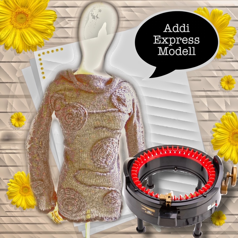 Beiger Damenpullover mit erhabenen Spiralmustern auf einer Schaufensterpuppe, daneben eine Rundstrickmaschine und gelbe Blumen.