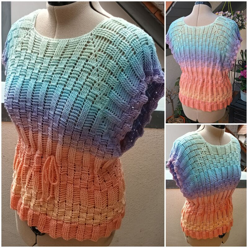 Gehäkeltes Damen-Top in Pastell-Ombré mit Korbmuster und Taillenzug auf einer Schneiderpuppe