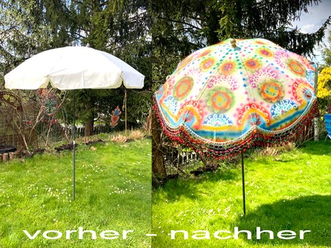 Einen einfachen, hellen Sonnenschirm verschönern