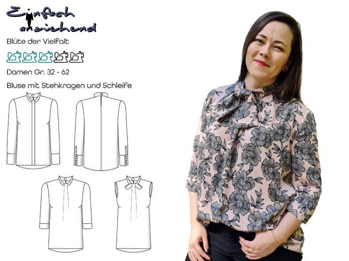 Schnittmuster Bluse mit Stehkragen und optionaler Schleife Damen Gr. 32-62