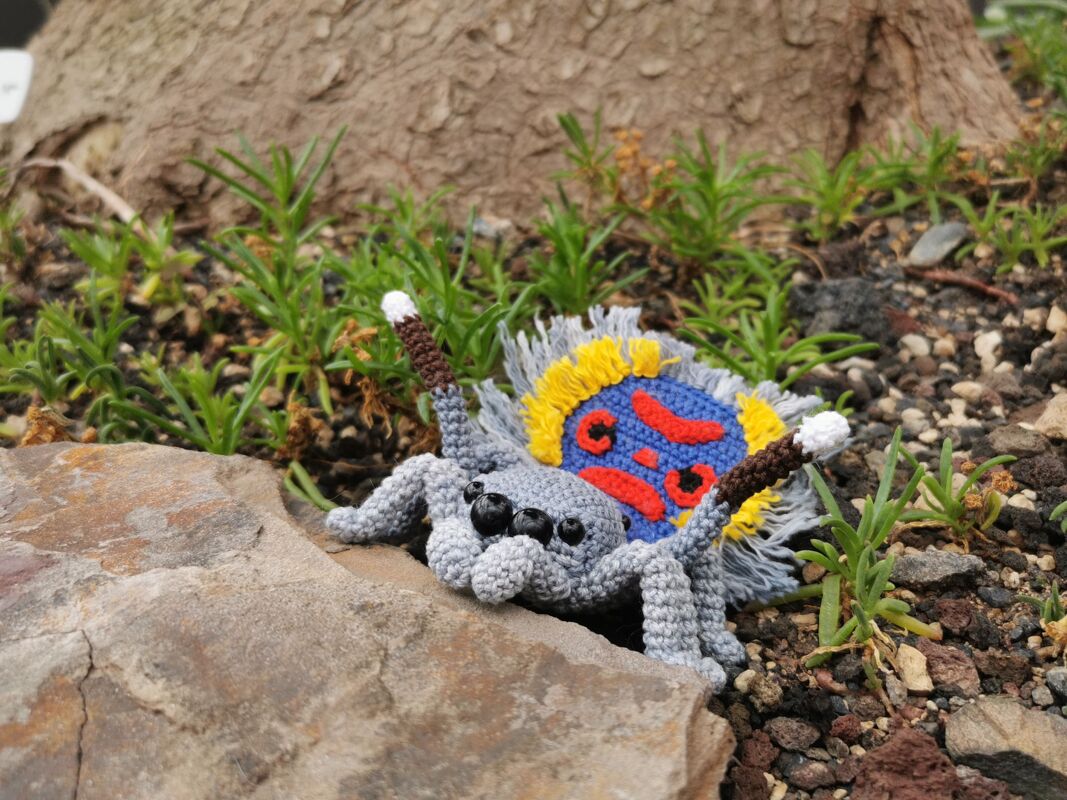 Handgehäkelte graue Amigurumi-Spinne mit blau-gelbem Fransenrücken und schwarzen Perlenaugen