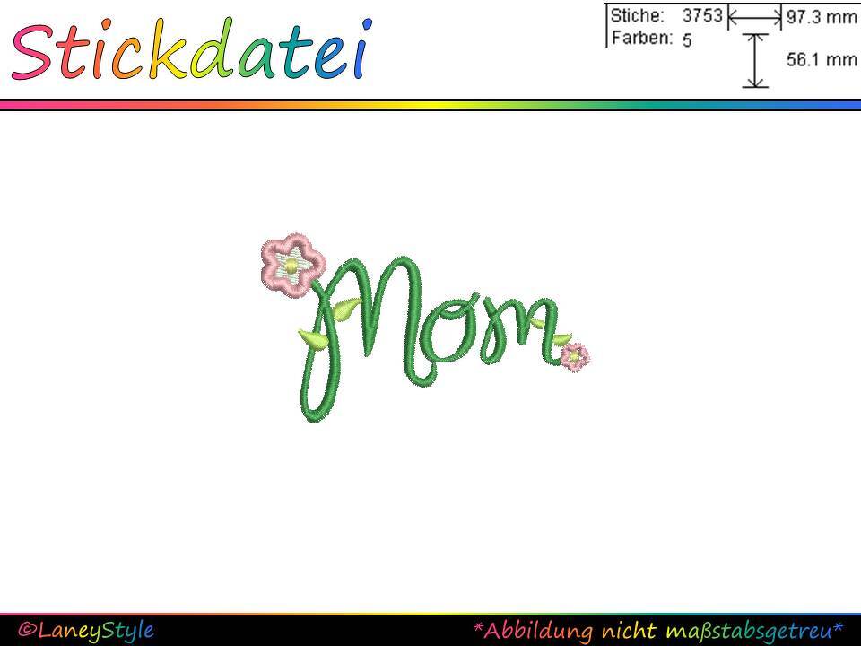 Stickschriftzug 'Mom' in Grün mit rosa Blüten und Blättern