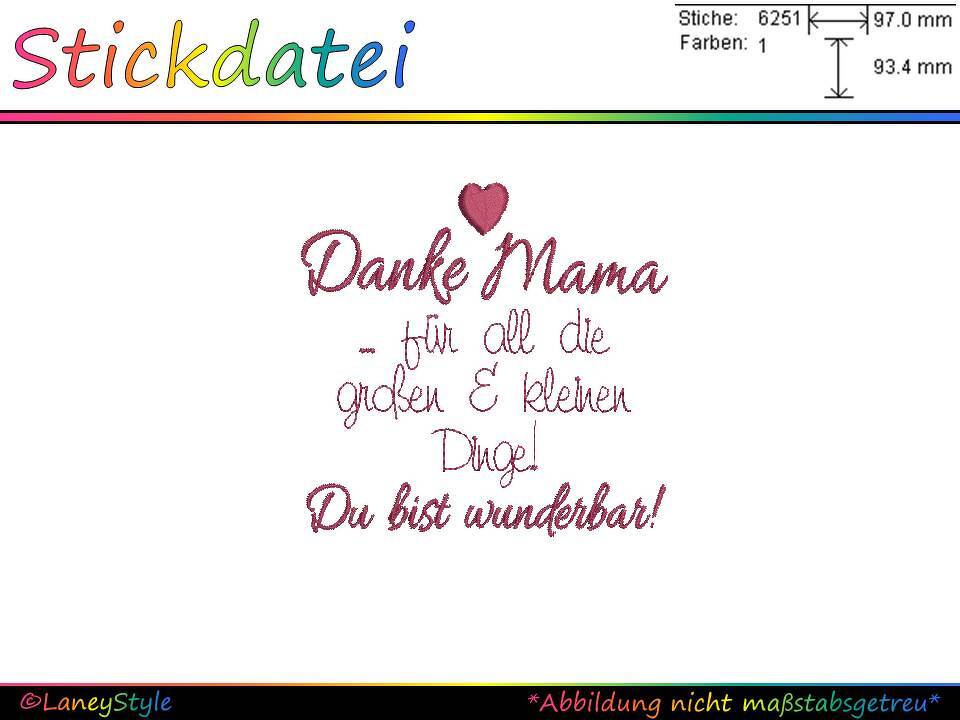 Stickdatei "Danke Mama - Du bist wunderbar - Spruch" - (DST, VP3, XXX, PES)
